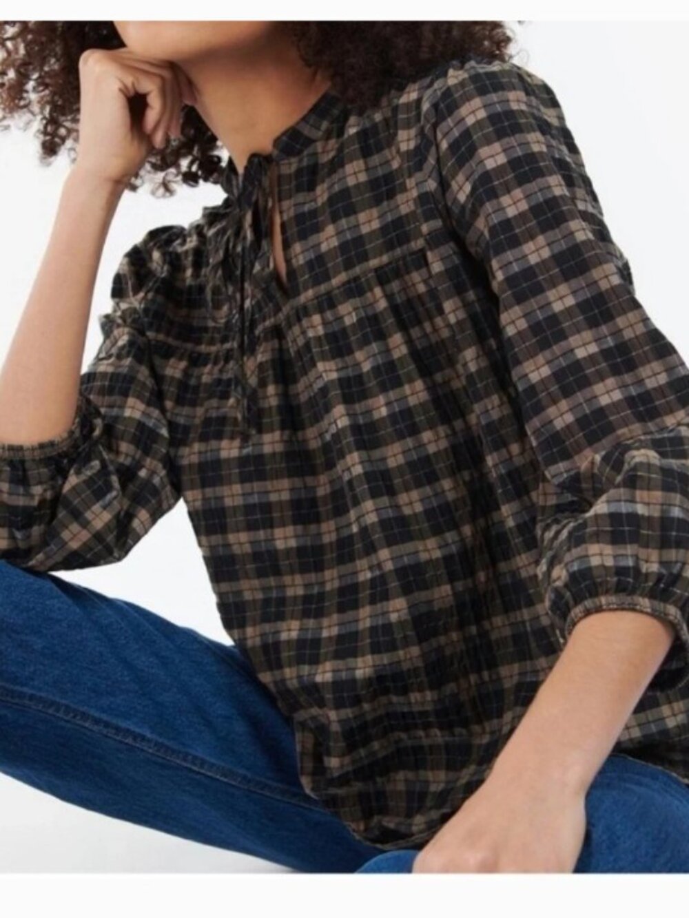 Barbour Praline Check 'Lorelie' Seersucker Peasant Blouse - Size 10